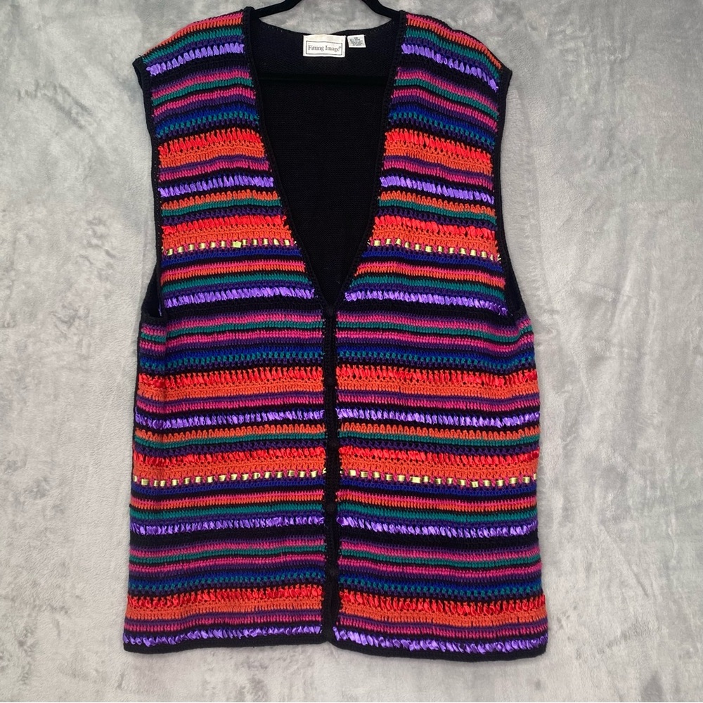 Vtg Plus Sz Fitting Image Striped Ribbon Crocheted Retro Wacky Vest Rainbow Sz